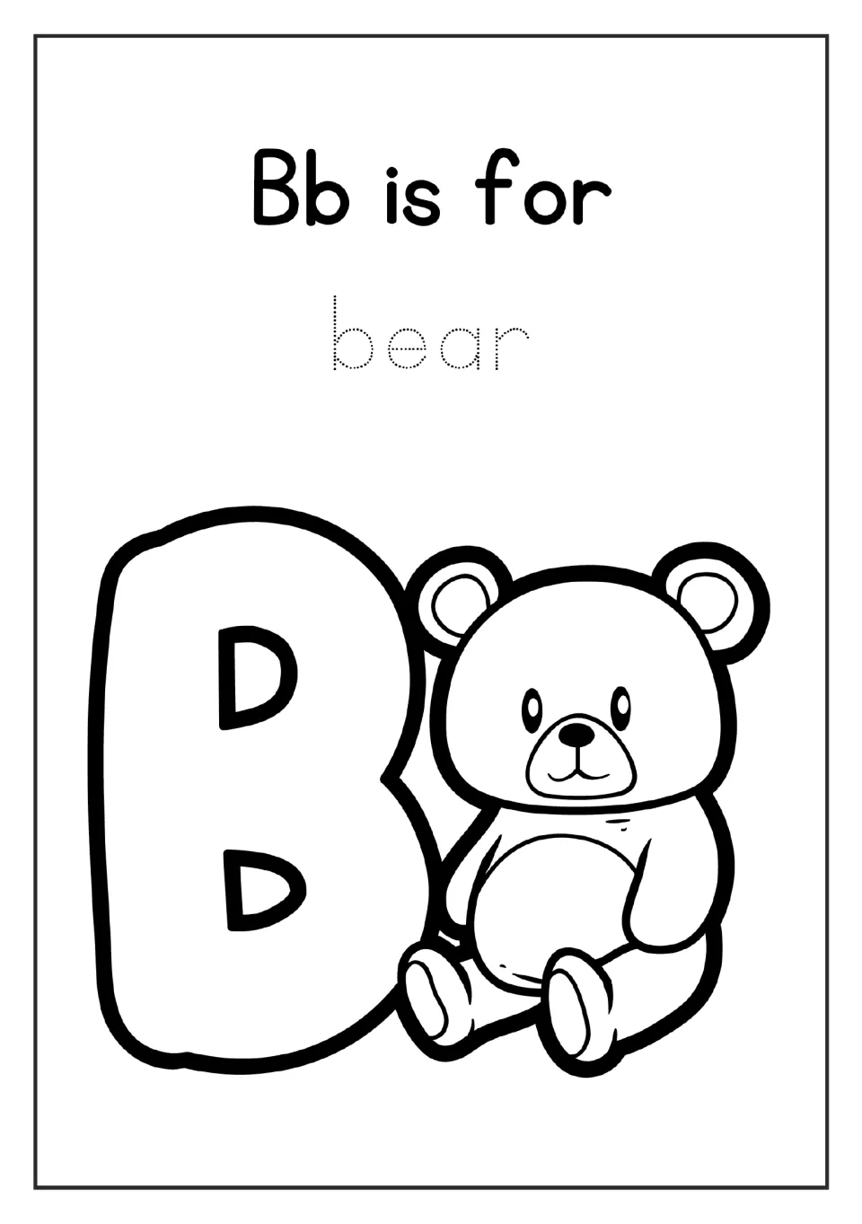 Letter B coloring page in the alphabet mini book: 'Bb is for', the word 'bear' to trace, and a bear