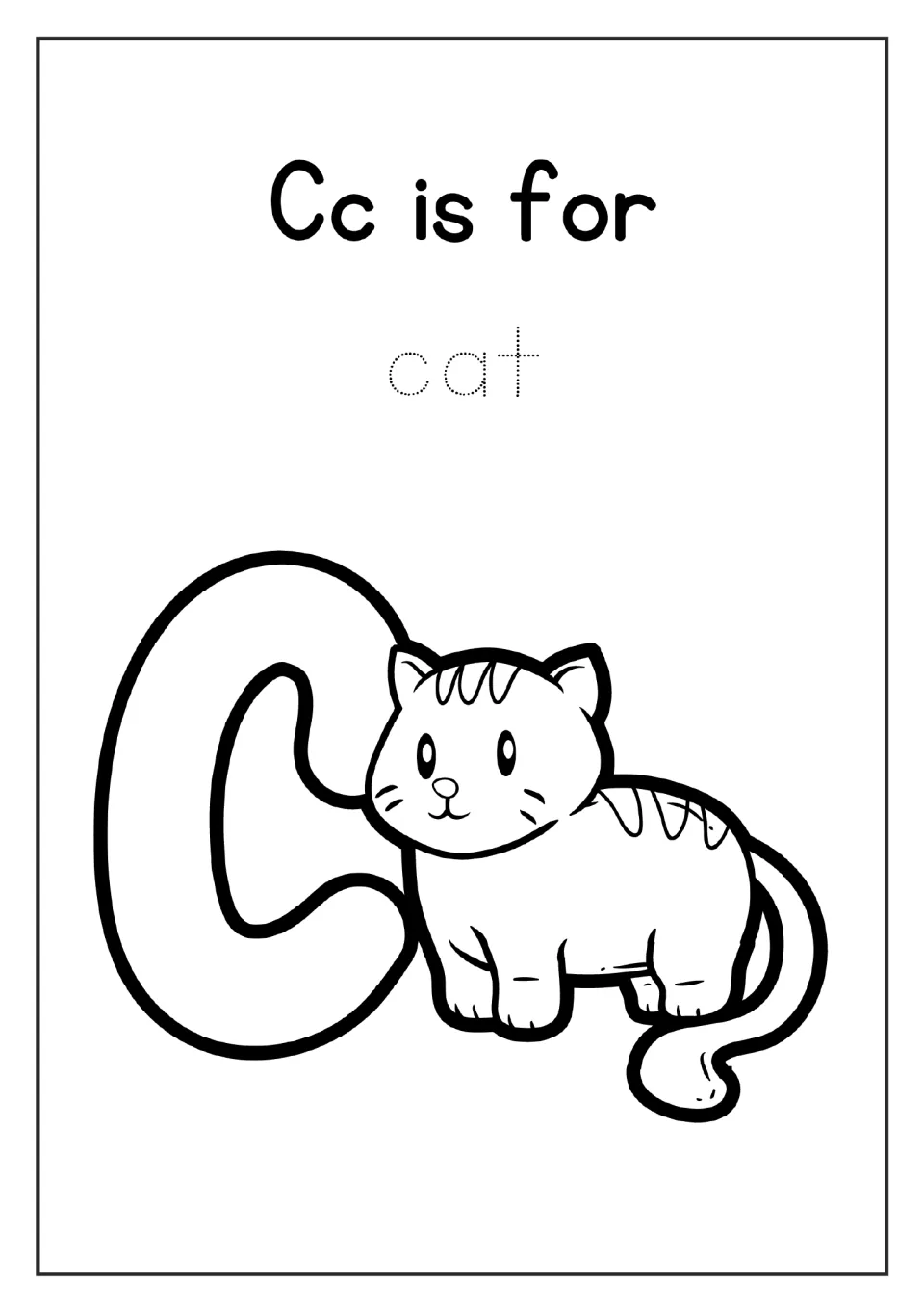 Letter C coloring page in the alphabet mini book: 'Cc is for', the word 'cat' to trace, and a cat