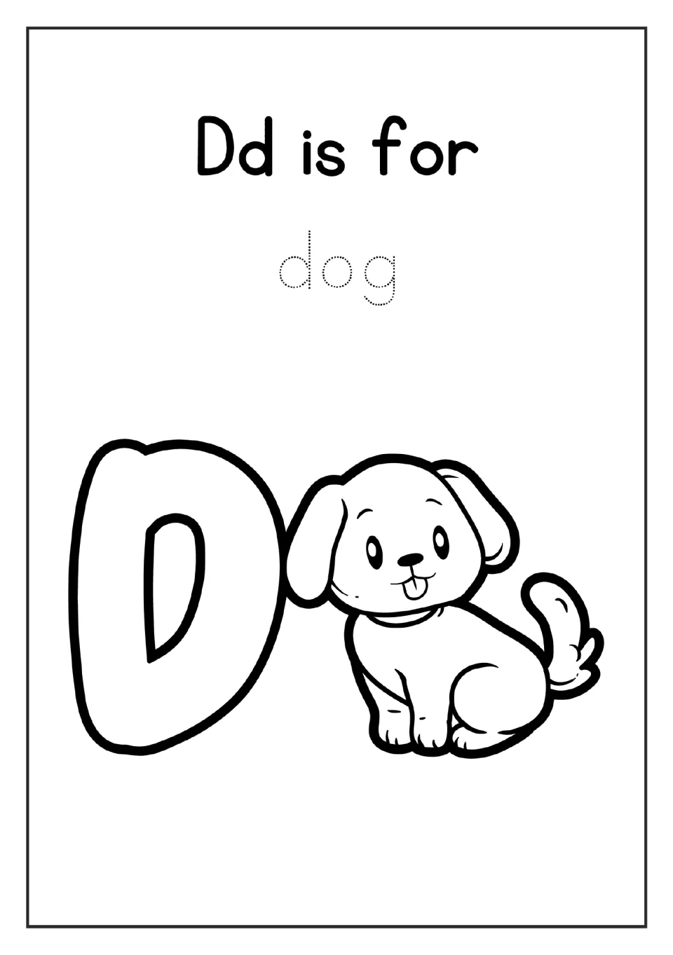 Letter D coloring page in the alphabet mini book: 'Dd is for', the word 'dog' to trace, and a dog