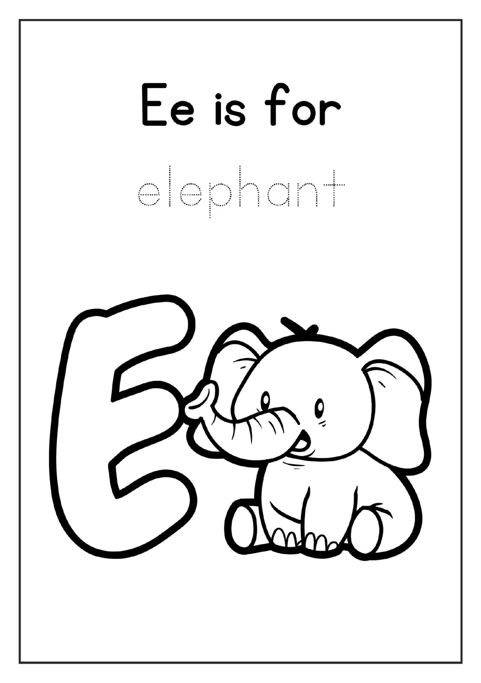 Letter E coloring page in the alphabet mini book: 'Ee is for', the word 'elephant' to trace, and an elephant