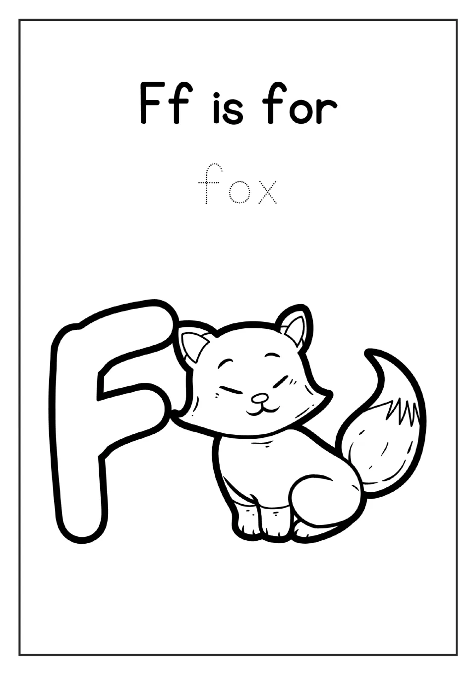 Letter F coloring page in the alphabet mini book: 'Ff is for', the word 'fox' to trace, and a fox
