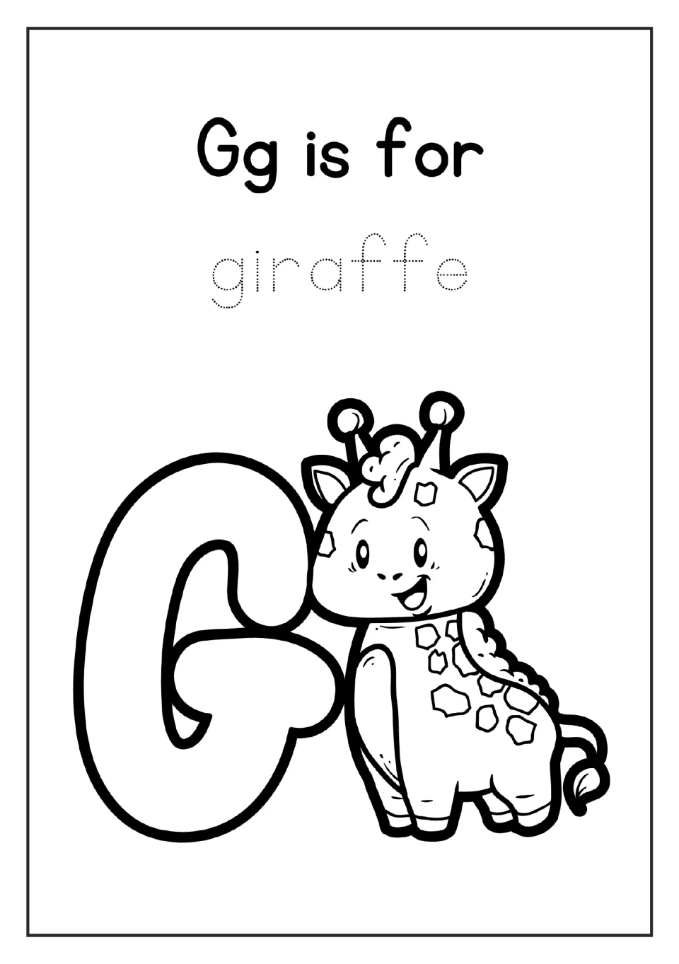 Letter G coloring page in the alphabet mini book: 'Gg is for', the word 'giraffe' to trace, and a giraffe