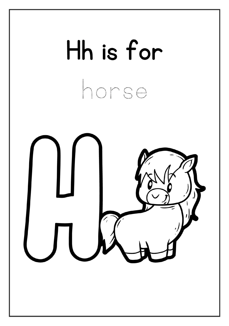 Letter H coloring page in the alphabet mini book: 'Hh is for', the word 'horse' to trace, and a horse