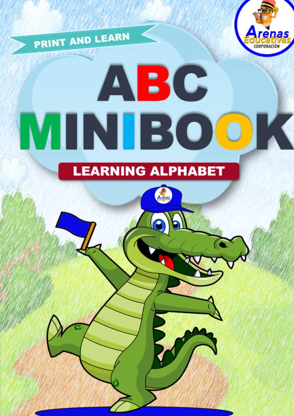 Alphabet mini book front cover featuring the headings 'ABC MINIBOOK', 'LEARNING ALPHABET', and 'PRINT AND LEARN'
