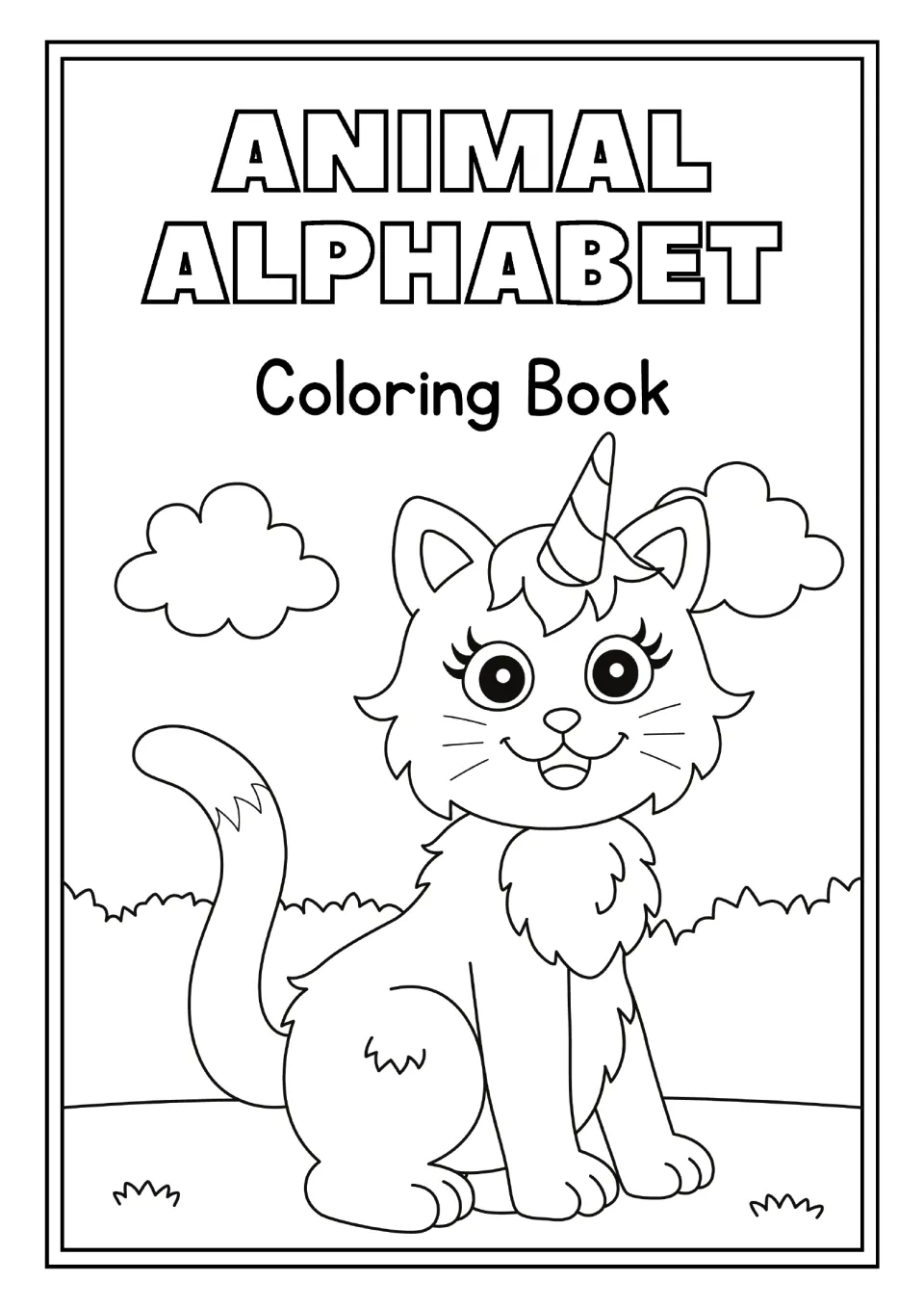 Animal alphabet coloring book cover with the title 'ANIMAL ALPHABET Coloring Book' and a horned cat to color