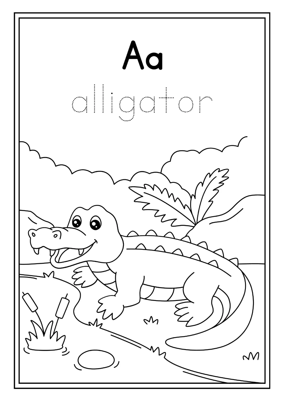Animal alphabet activity for Aa: the word 'alligator' to trace and an alligator beside water to color