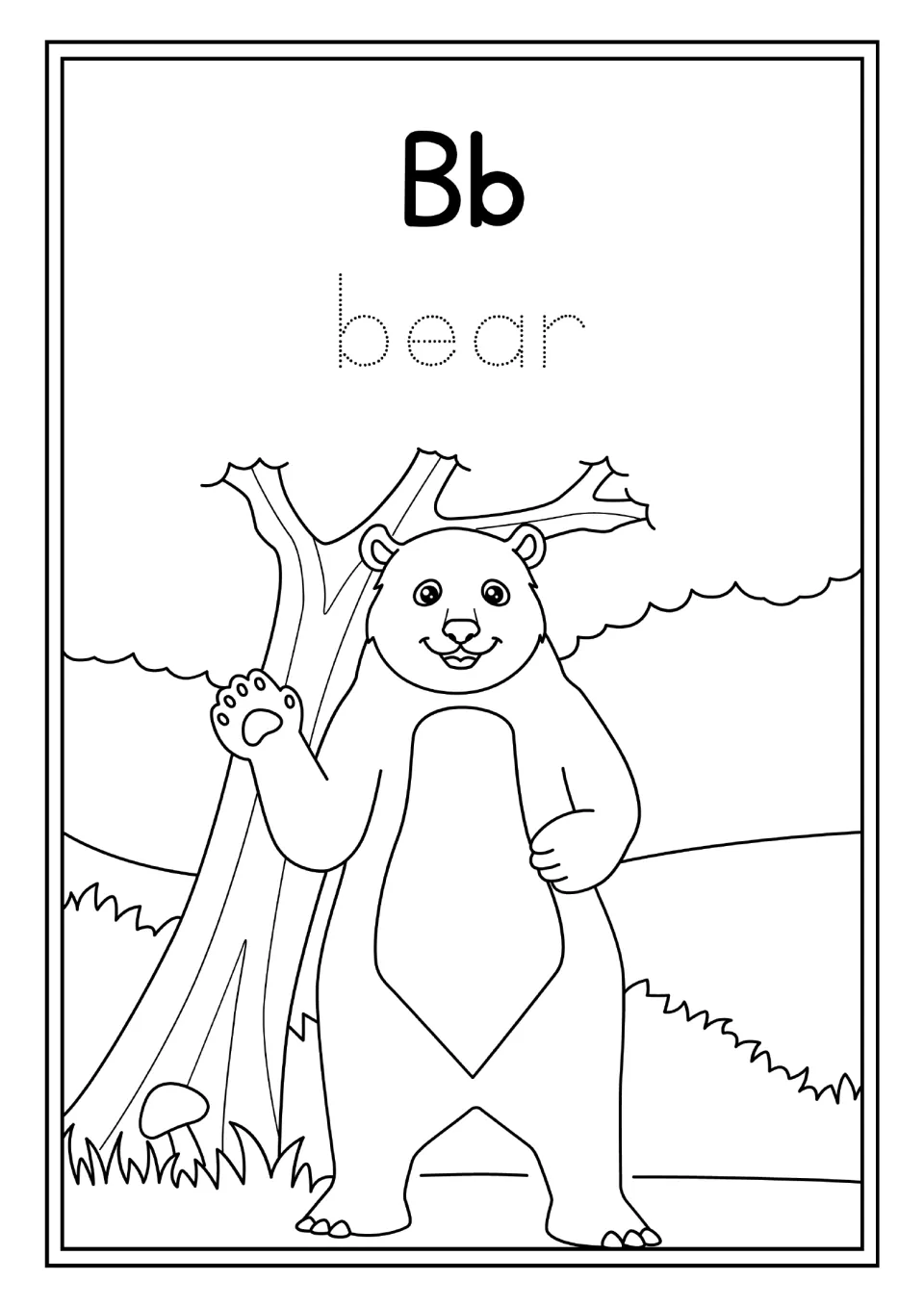 Animal alphabet activity for Bb: the word 'bear' to trace and a standing bear beside a tree to color