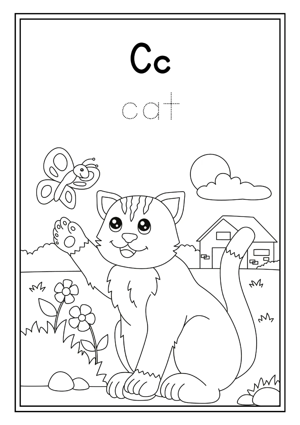 Animal alphabet activity for Cc: the word 'cat' to trace and a seated cat raising one front paw to color