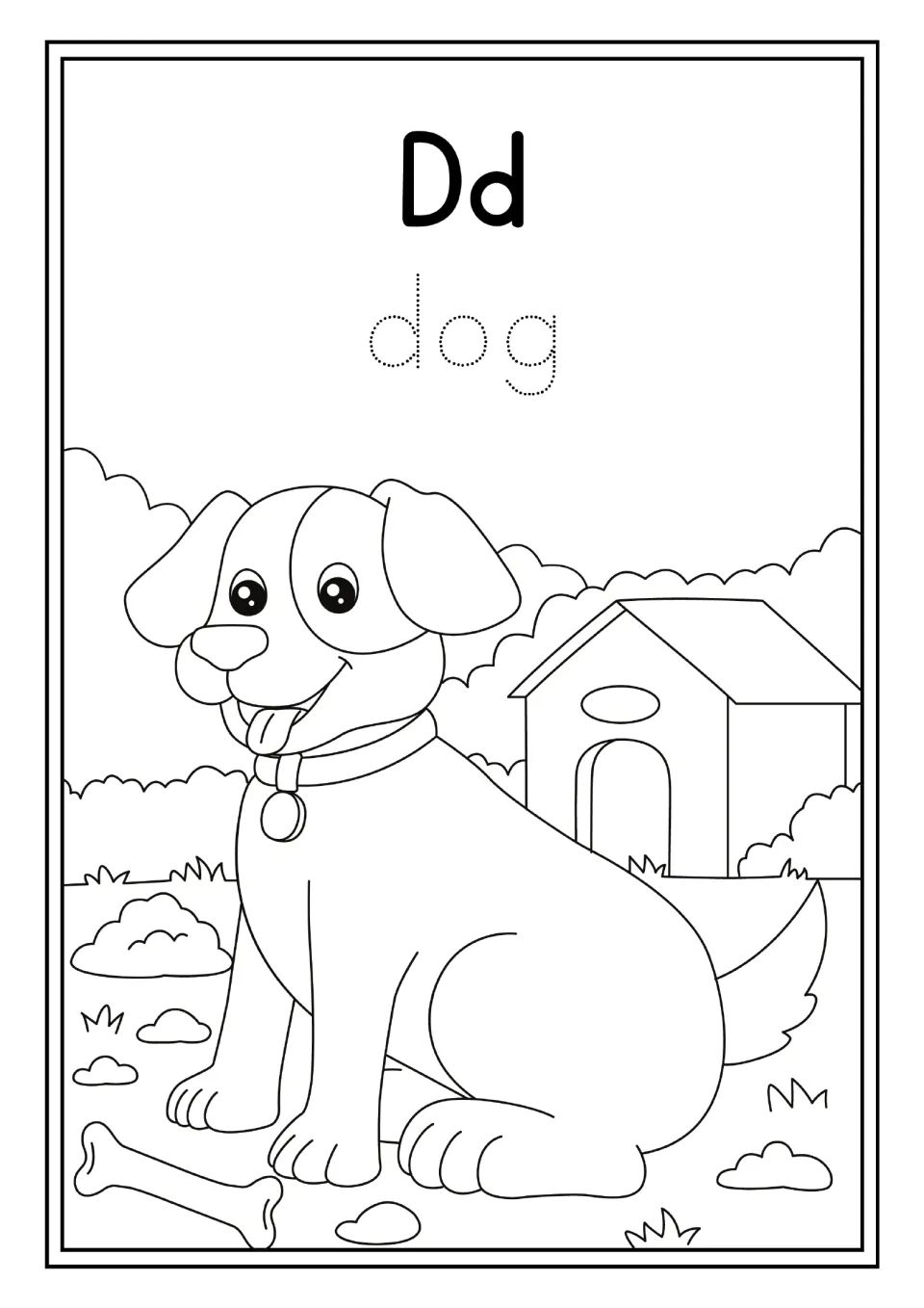 Animal alphabet activity for Dd: the word 'dog' to trace and a seated dog beside its doghouse to color