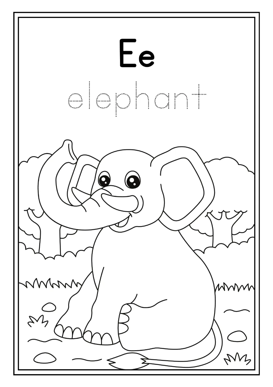 Animal alphabet activity for Ee: the word 'elephant' to trace and an elephant with a raised trunk to color