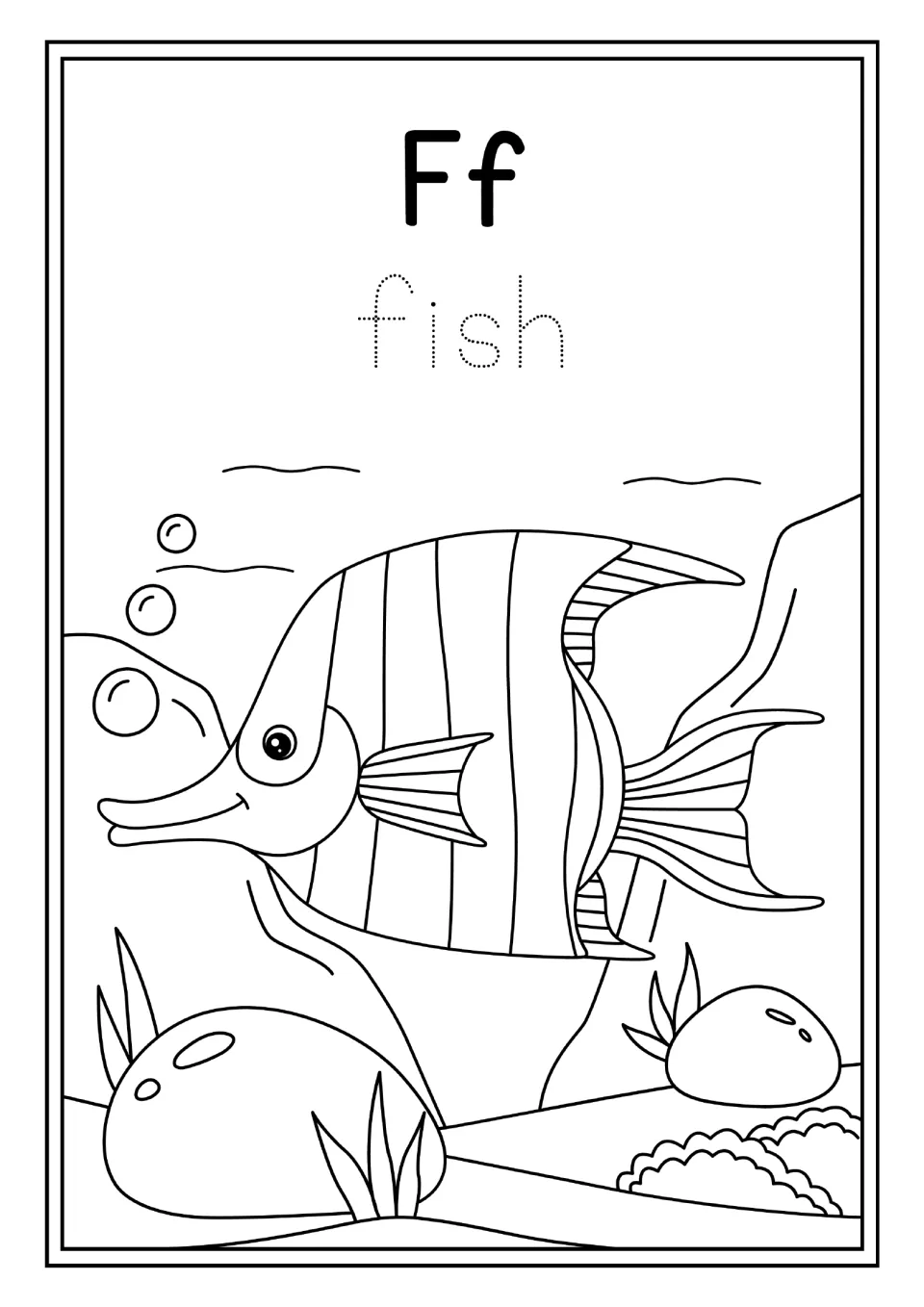 Animal alphabet activity for Ff: the word 'fish' to trace and a striped fish in an underwater scene to color