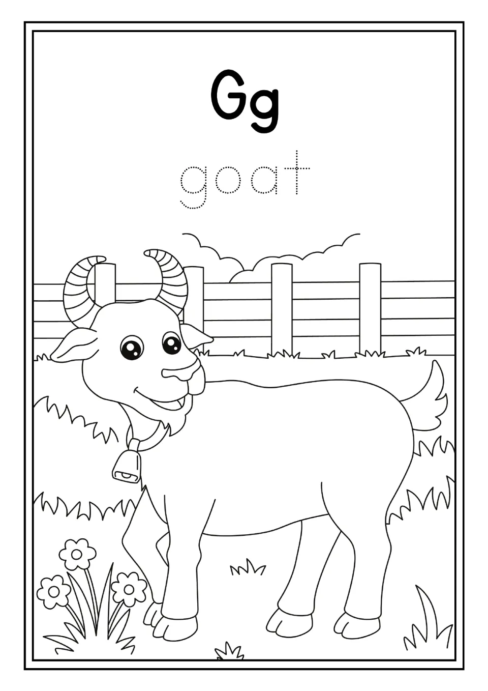 Animal alphabet activity for Gg: the word 'goat' to trace and a goat wearing a bell beside a fence to color