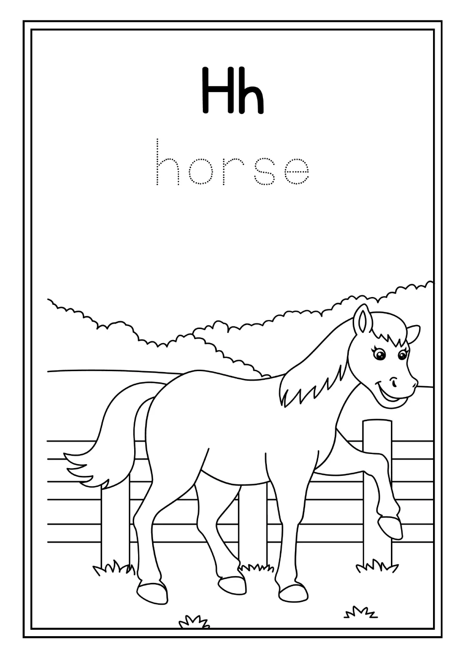 Animal alphabet activity for Hh: the word 'horse' to trace and a horse lifting one leg beside a fence to color