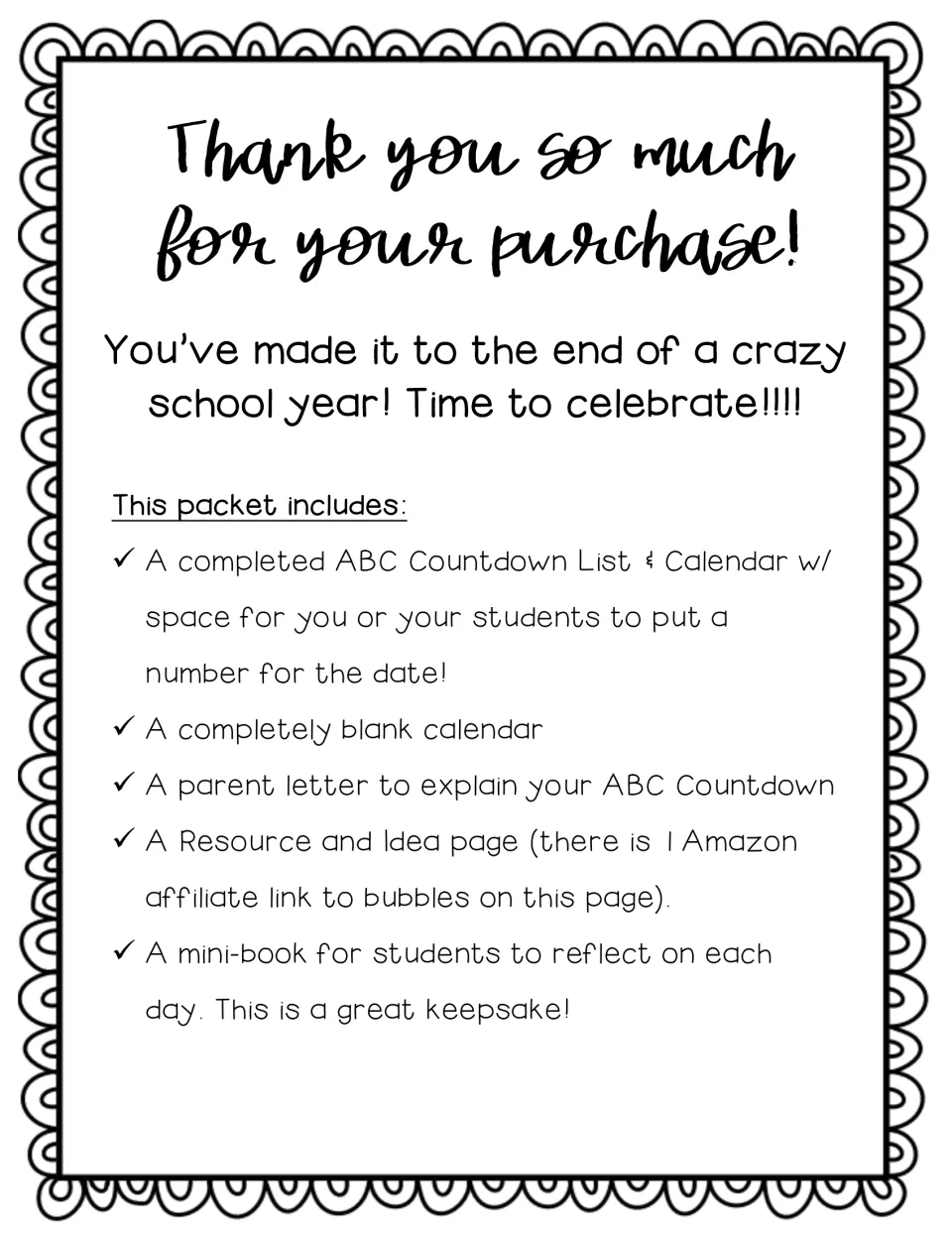 Packet overview lists a completed countdown list and calendar, blank calendar, parent letter and mini book