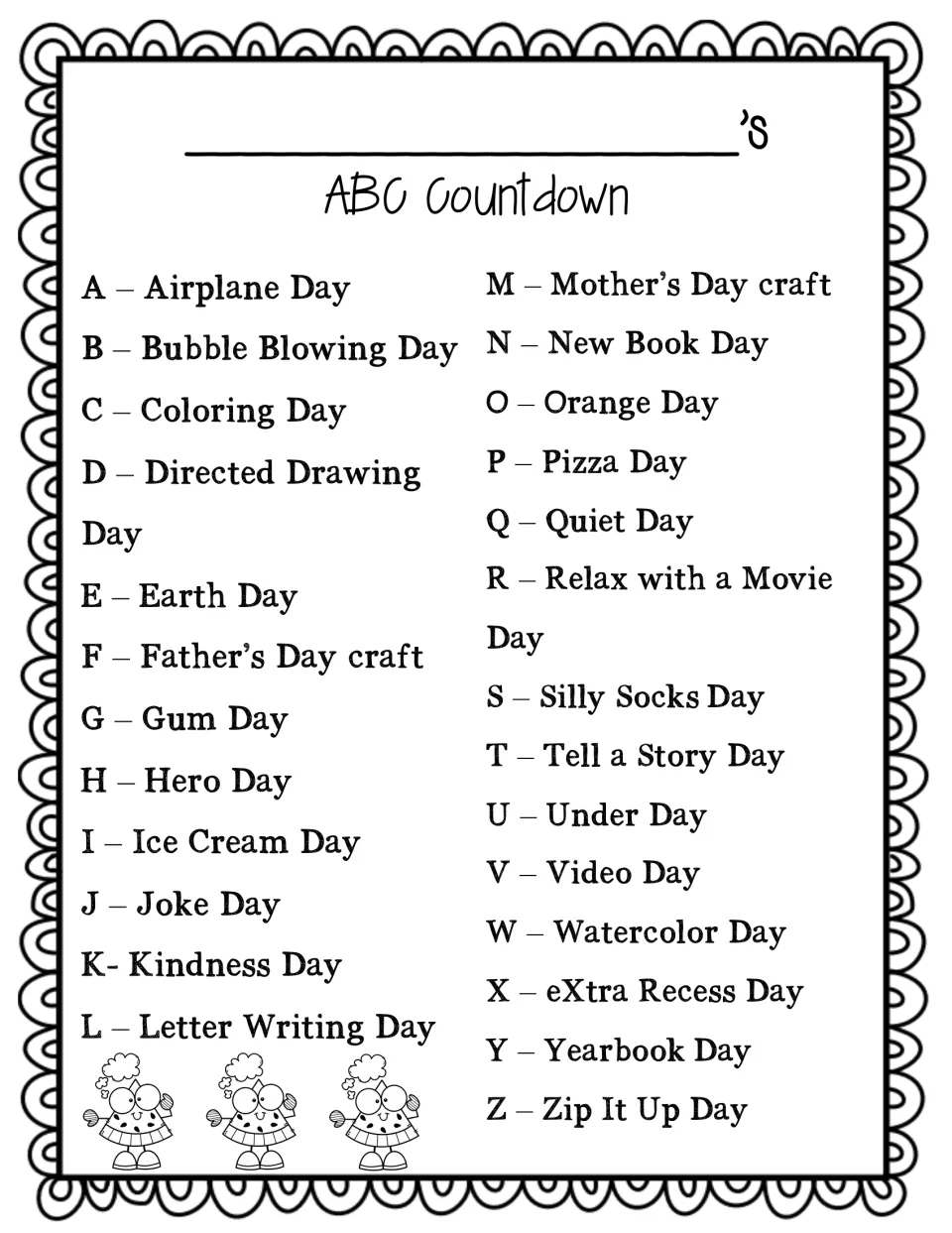 Alphabet countdown activity list for all 26 days, from A—Airplane Day through Z—Zip It Up Day