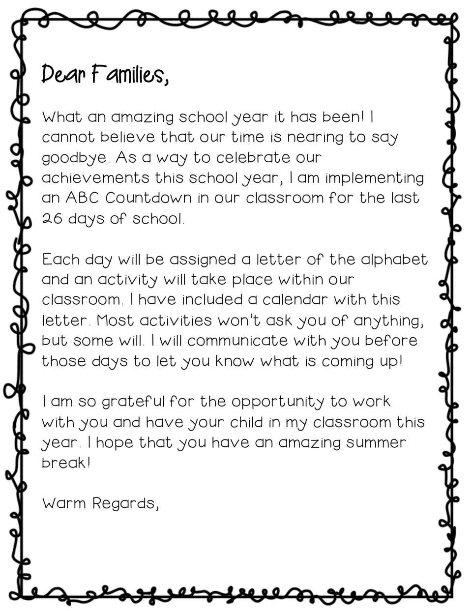 Family letter explains the last 26 days of school countdown, daily alphabet activities and calendar