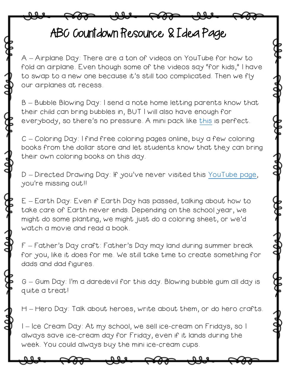 Countdown ideas A–I cover paper airplanes, bubbles, coloring, directed drawing and five more daily themes