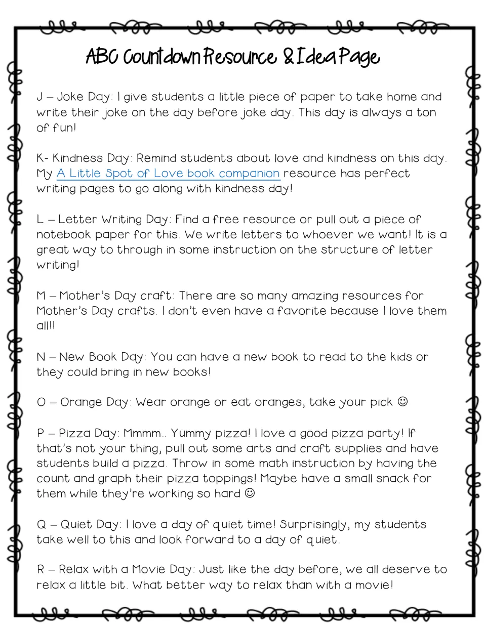 Countdown ideas J–R cover jokes, kindness, letter writing, Mother's Day crafts and five more daily themes