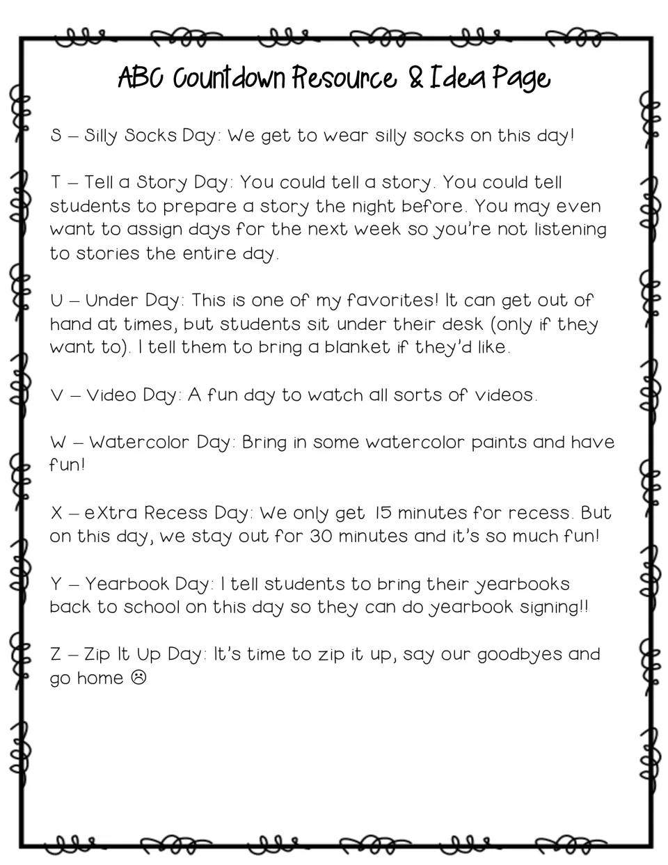 Countdown ideas S–Z cover silly socks, storytelling, sitting under desks and five more daily themes