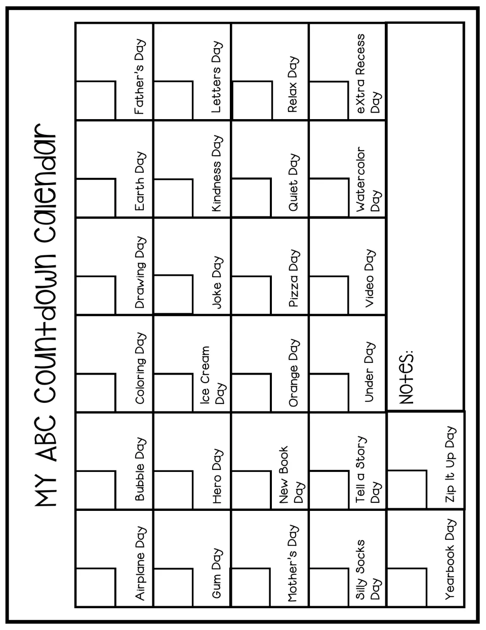 Completed countdown calendar names 26 daily themes, from Airplane Day to Zip It Up Day, with dates to add