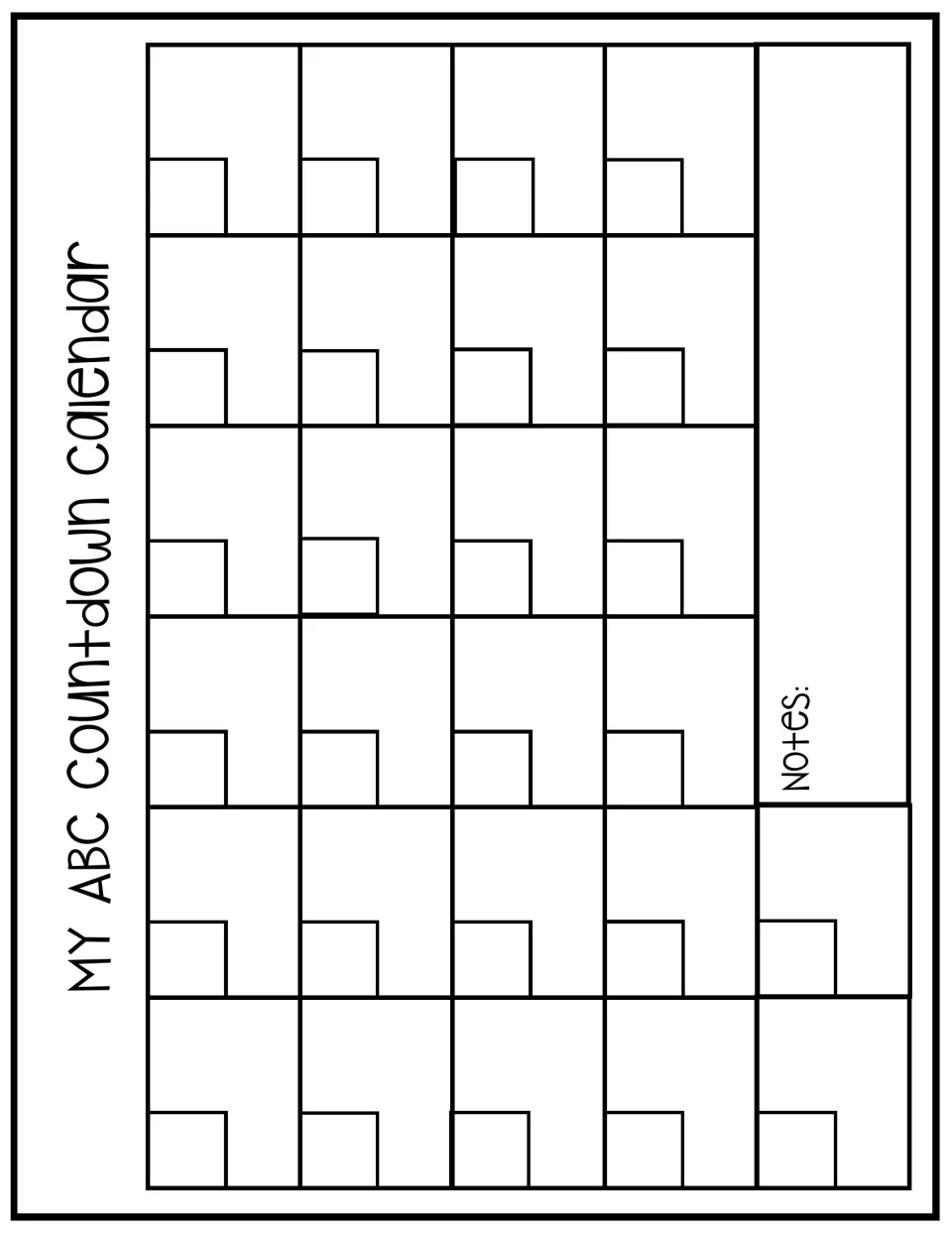 Blank alphabet countdown calendar for adding 26 daily themes and their dates, with a place for notes