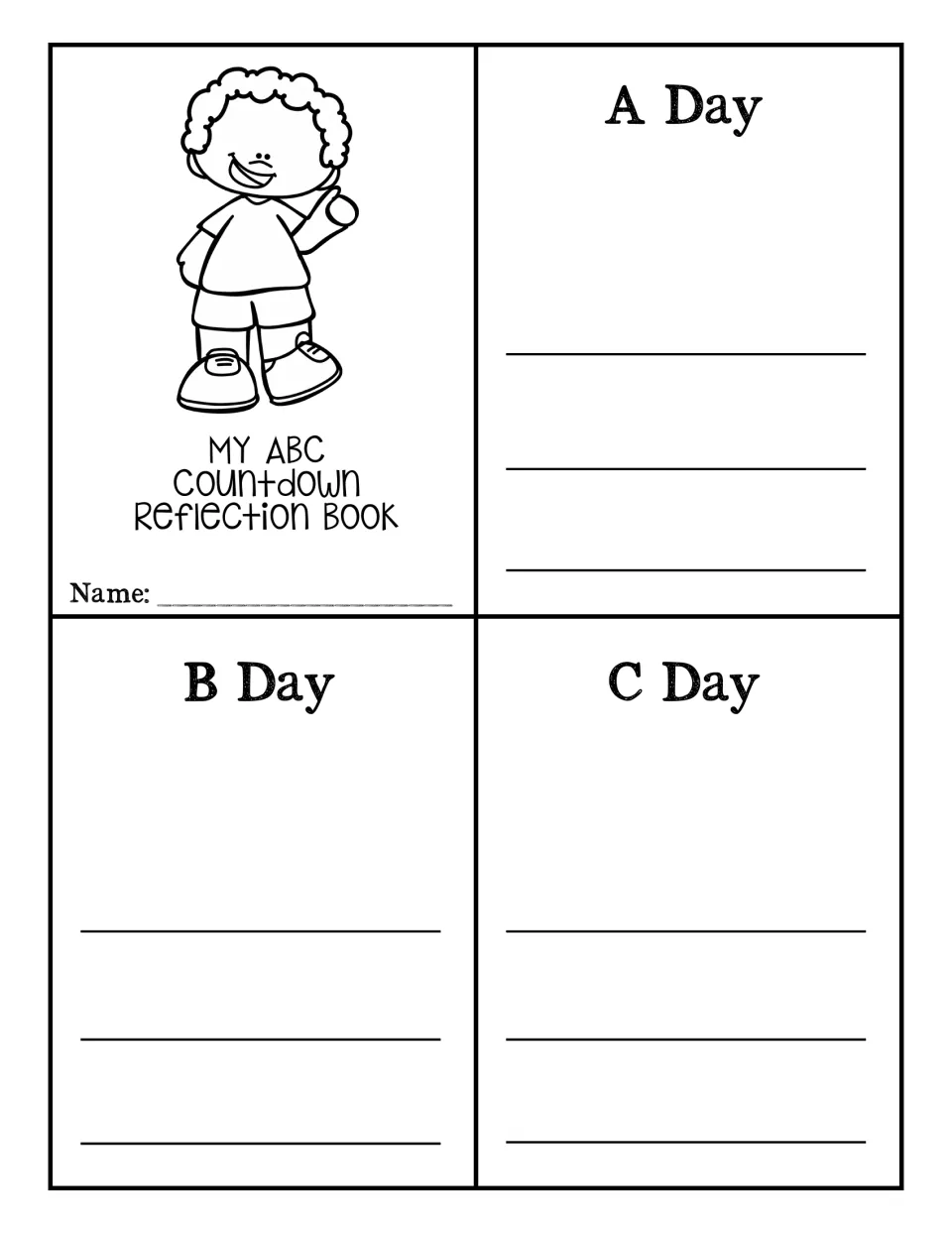 Reflection mini book's first sheet has four sections: a cover with a name space and A Day, B Day and C Day
