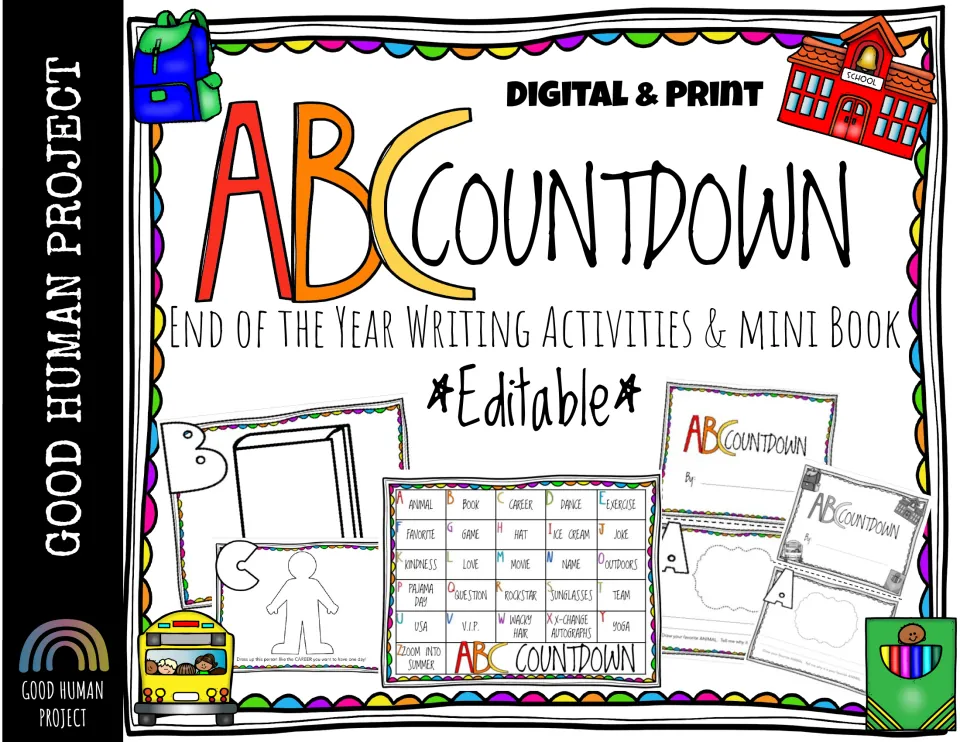 ABC Countdown cover: editable digital and print end-of-year writing activities and mini book, with a preview of the pages