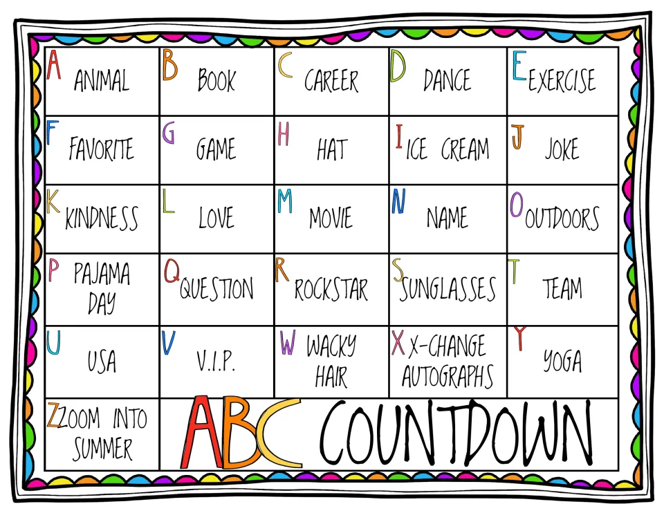 A-to-Z end-of-year countdown calendar: one theme per letter, from Animal and Book to Wacky Hair, Yoga and Zoom into Summer