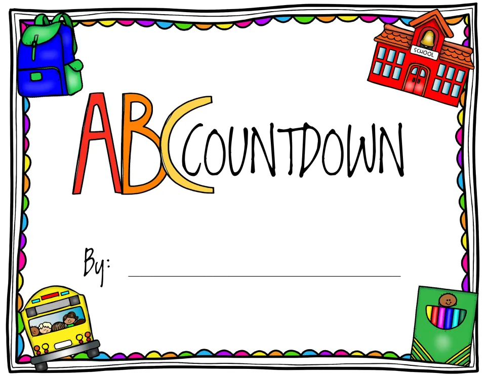 Mini book cover for students: countdown title with a By: line for writing their name, plus backpack and school bus art