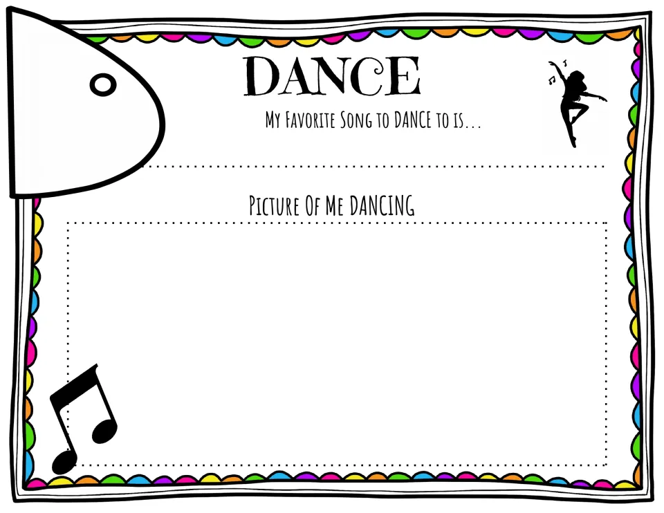 Letter D, Dance: students name their favorite song to dance to and draw a picture of themselves dancing