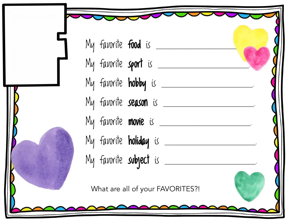 Letter F, Favorites: students fill in their favorite food, sport, hobby, season, movie, holiday and subject