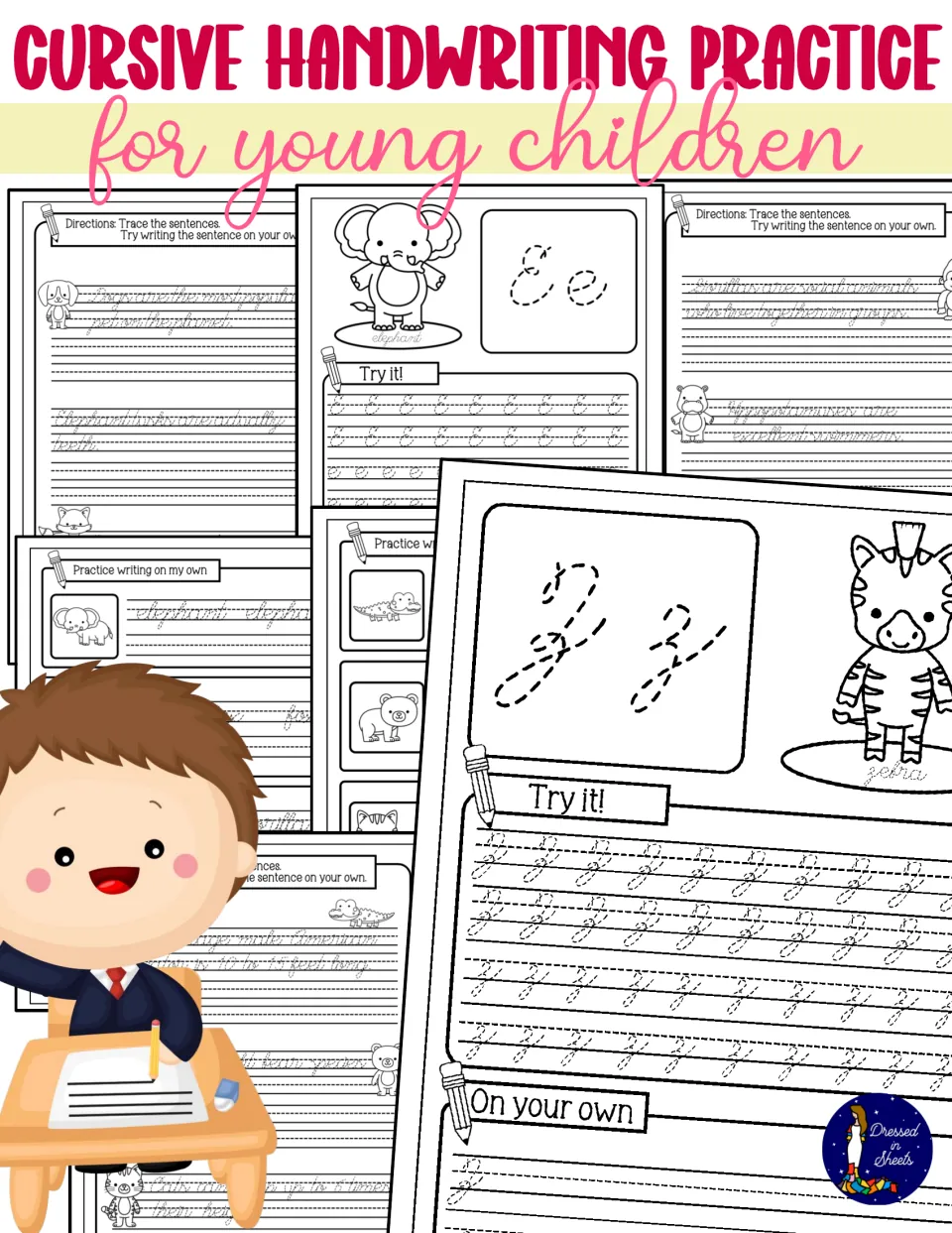 Cursive Handwriting Practice for Young Children cover showing letter tracing pages with animals and sentence tracing pages