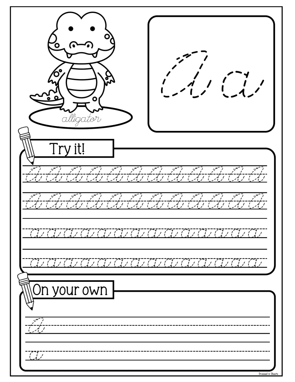 Cursive Aa with an alligator: students trace capital and lowercase a in Try it! rows, then write them in On your own
