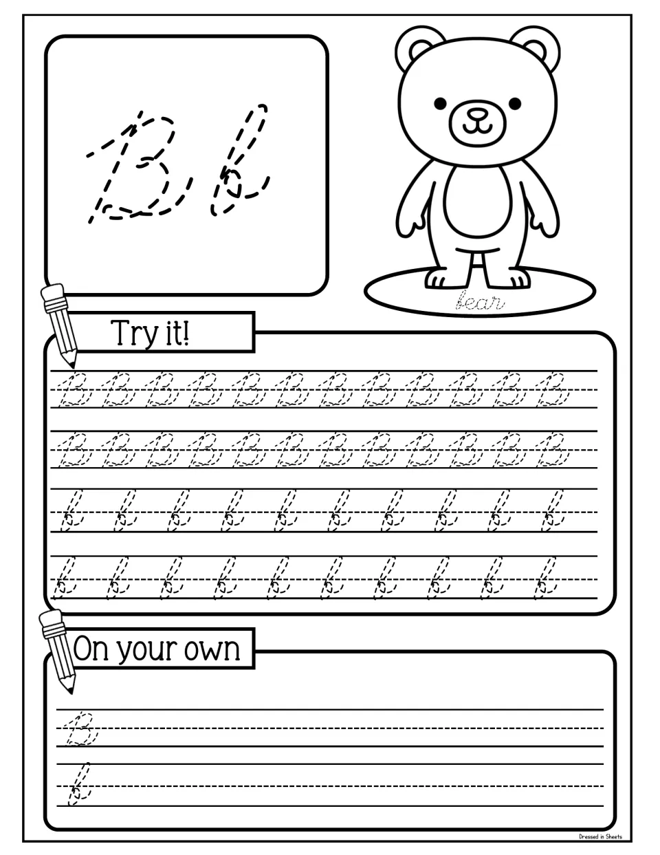 Cursive Bb with a bear: students trace rows of capital B and lowercase b, then form each letter on their own below