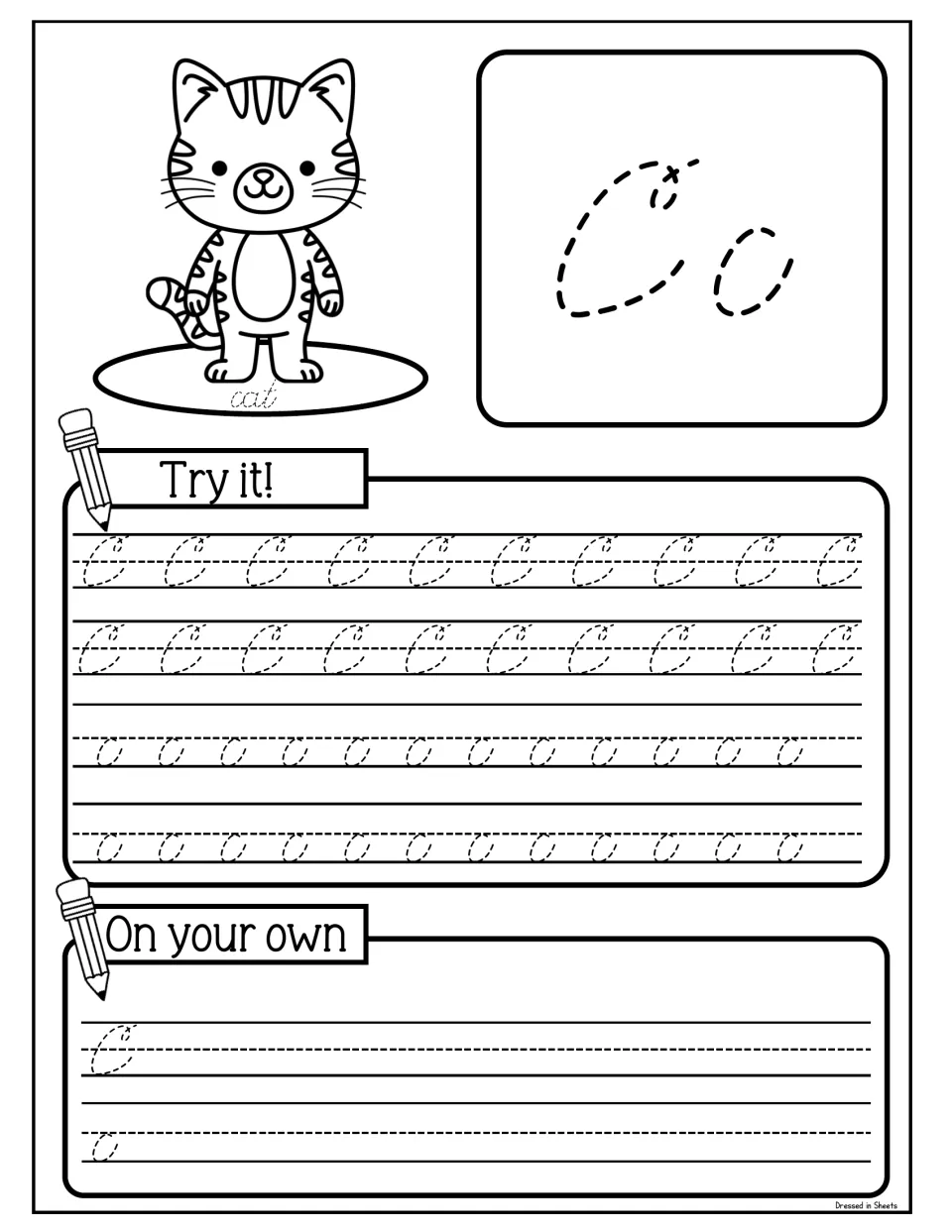 Cursive Cc with a cat: students follow the start dot to trace capital C and lowercase c, then write both independently