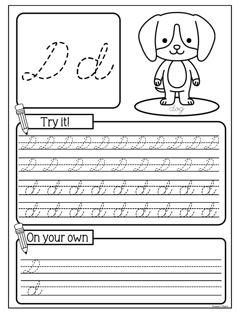 Cursive Dd with a dog: students trace rows of capital D and lowercase d, then copy each letter on the open lines below