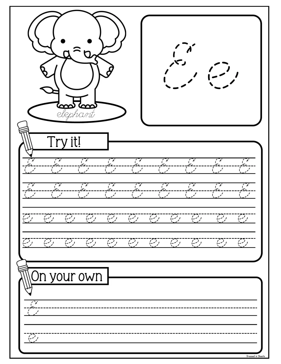 Cursive Ee with an elephant: students trace capital E and looped lowercase e in Try it! rows, then write them on their own