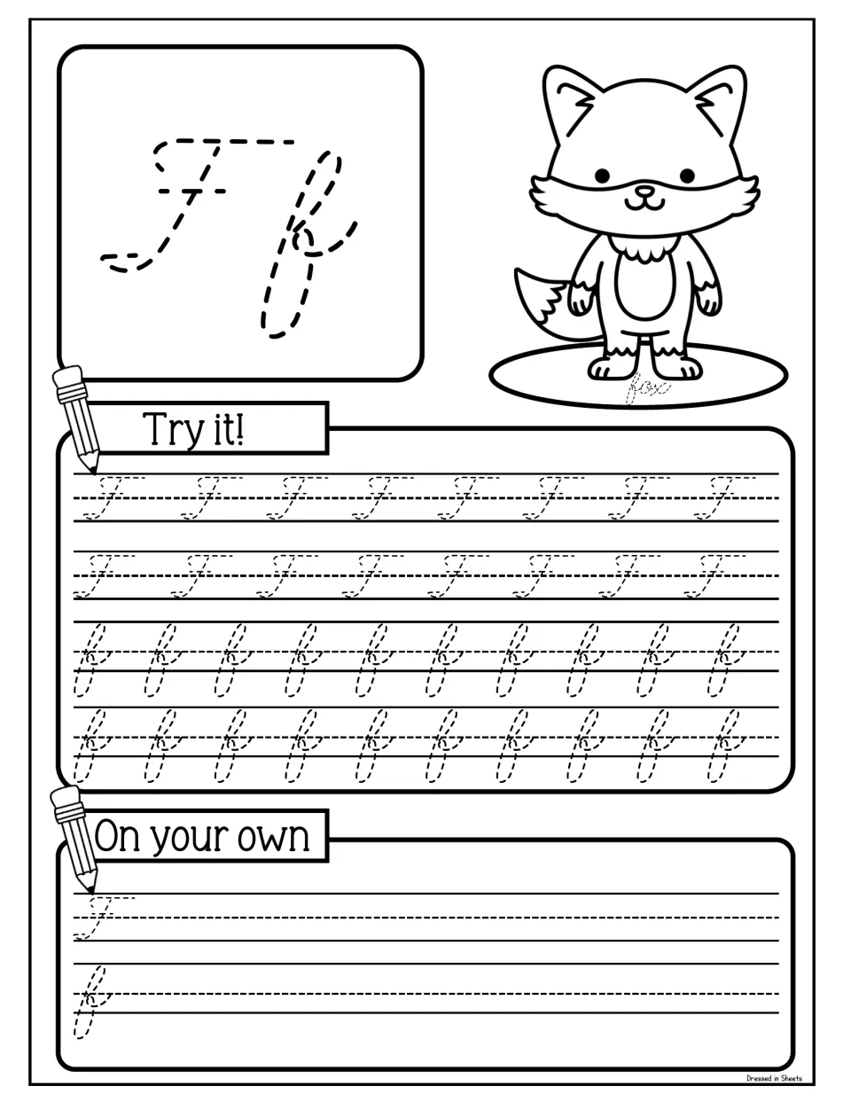 Cursive Ff with a fox: students trace capital F and the tall looped lowercase f, then practise both letters on their own