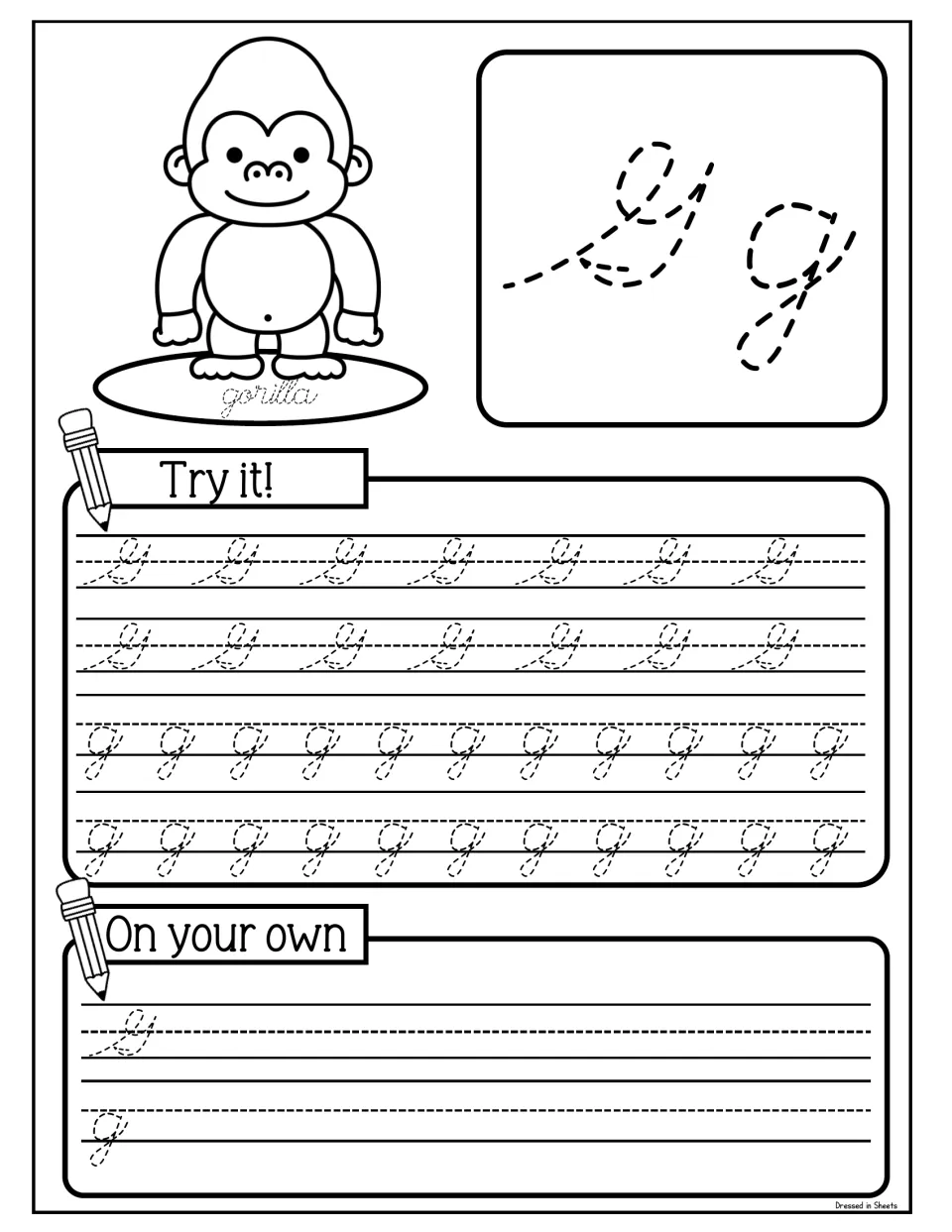 Cursive Gg with a gorilla: students trace capital G and lowercase g with its descending loop, then write each letter alone