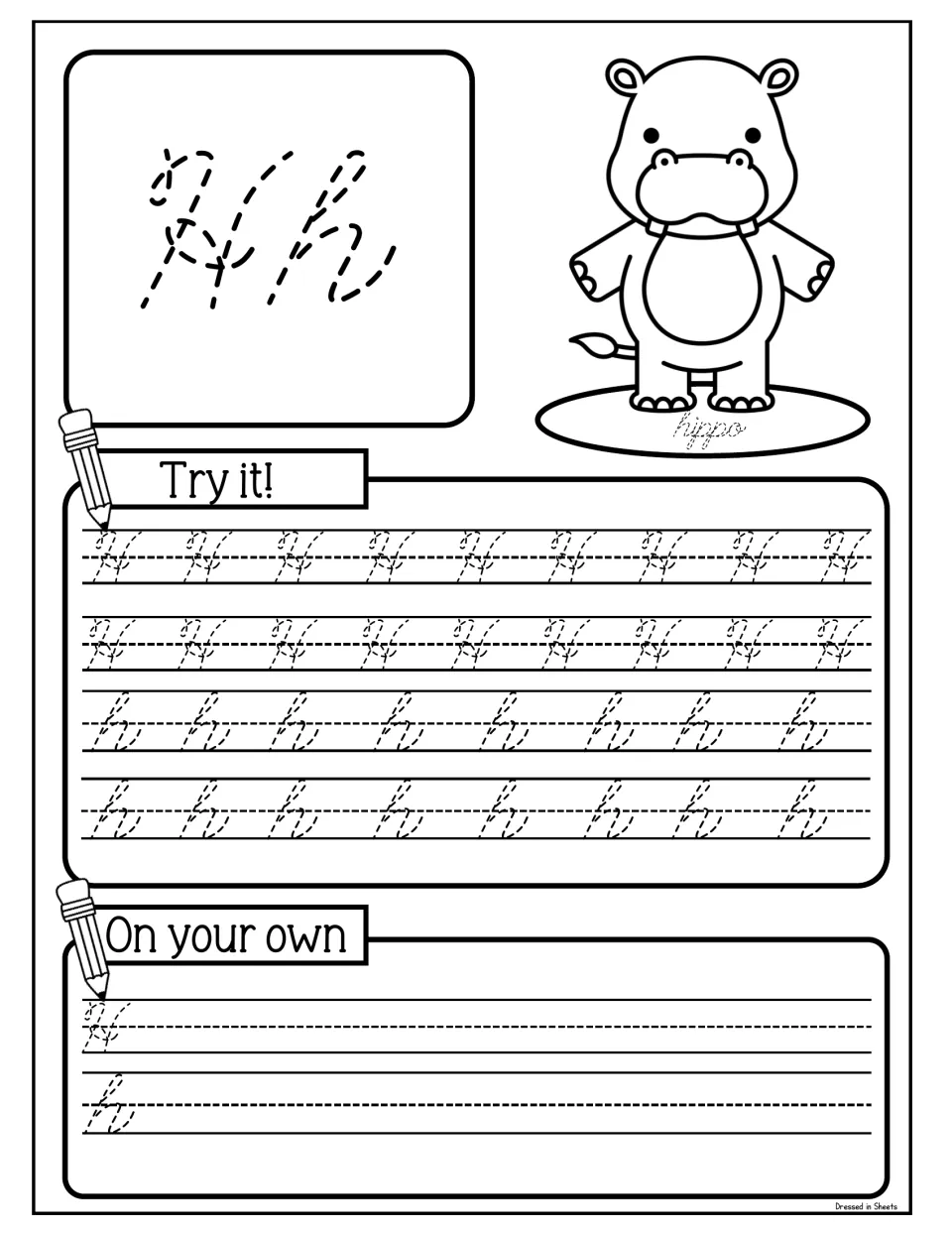 Cursive Hh with a hippo: students trace rows of capital H and lowercase h, then form both letters on the On your own lines