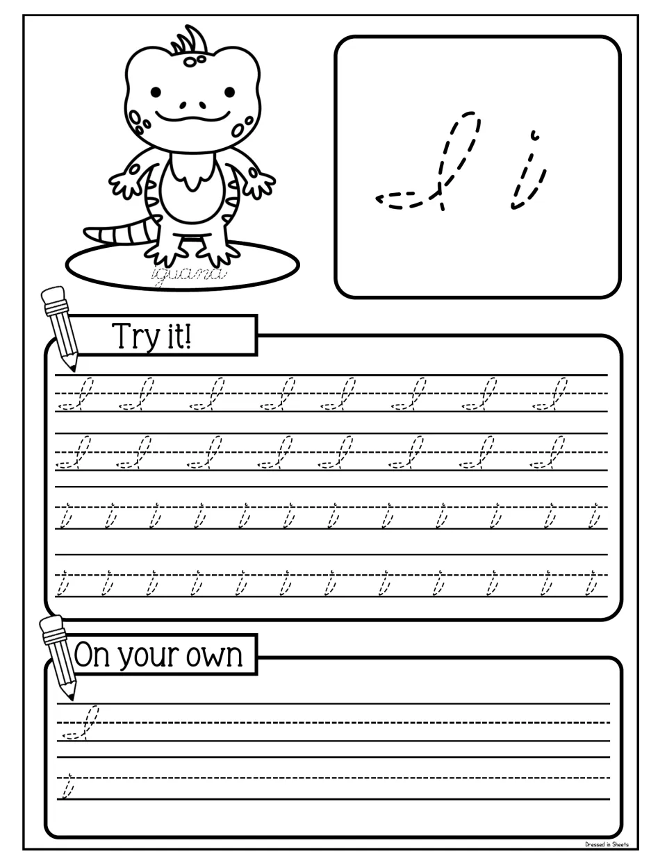 Cursive Ii with an iguana: students trace capital I and dotted lowercase i in Try it! rows, then write them independently