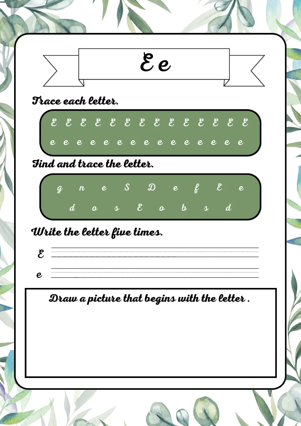 Cursive Ee formation: trace E and e rows, locate Ee among mixed cursive letters, write each five times, draw an E picture