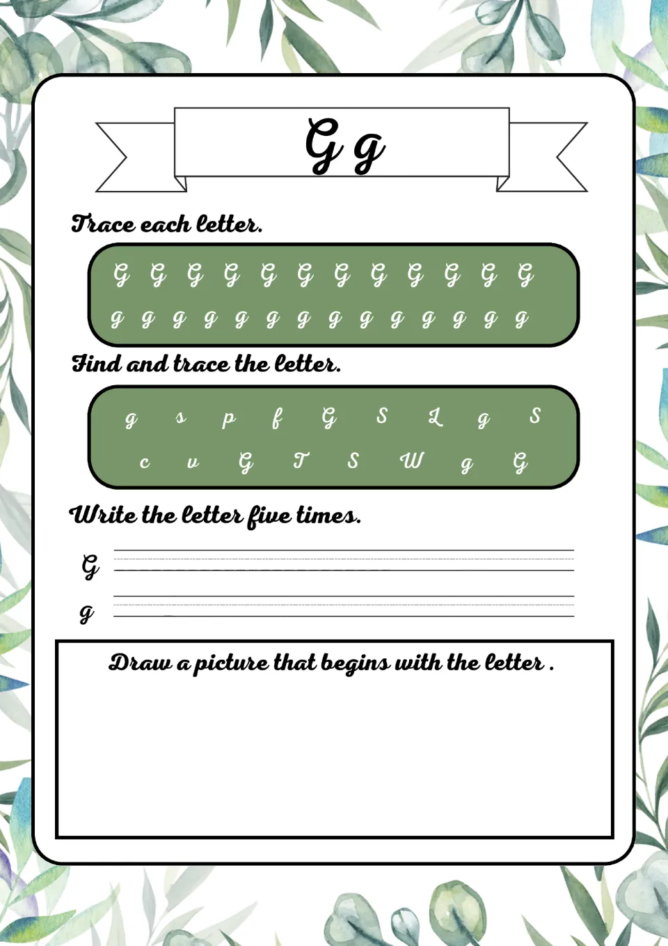 Cursive Gg writing: trace G and g rows, search for Gg among s, p, f and S, write it five times, draw a picture for G