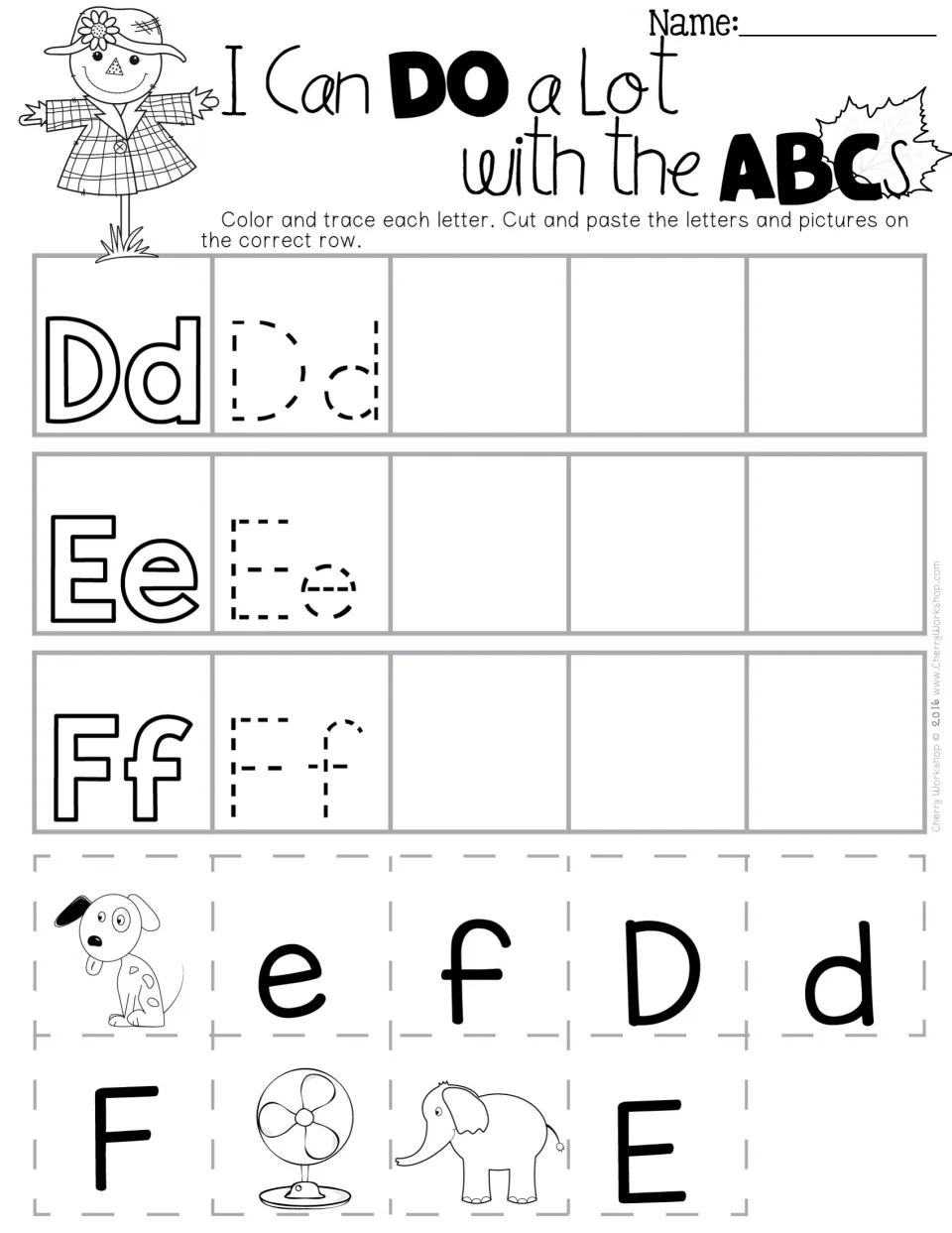Letters D, E and F: students color and trace each letter, then sort cut-out letters and dog, elephant and fan pictures