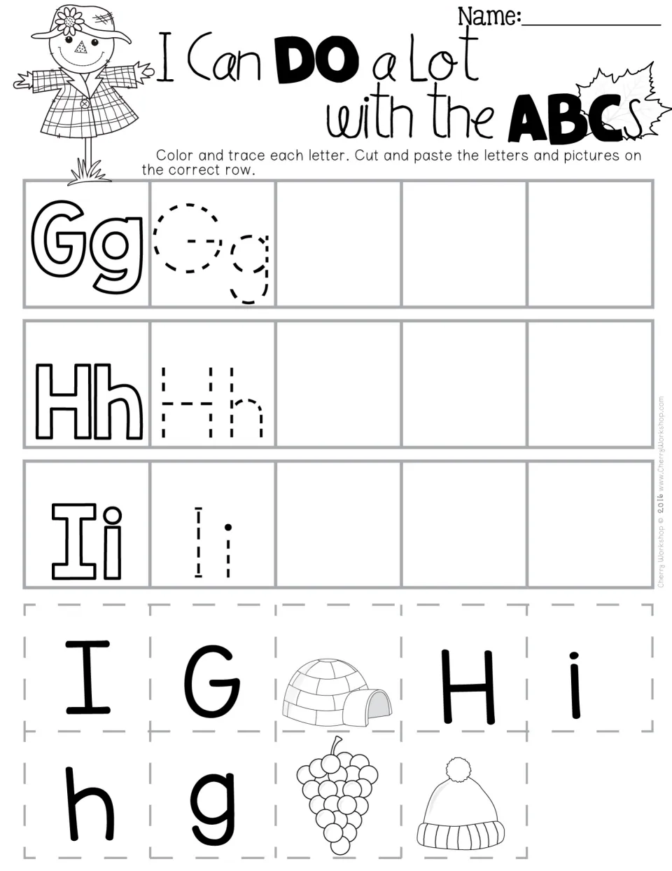 Letters G, H and I: students trace each pair and glue matching cut-out letters plus grapes, hat and igloo on its row