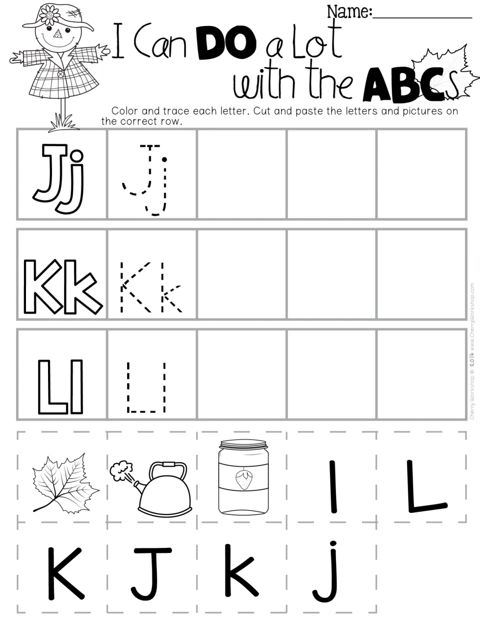 Letters J, K and L: students color and trace, then paste cut-out letters and jar, kettle and leaf pictures by letter