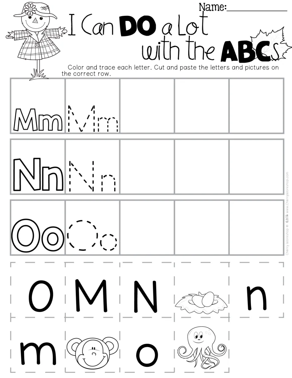 Letters M, N and O: students trace each letter and sort cut-out letters with monkey, nest and octopus by first sound