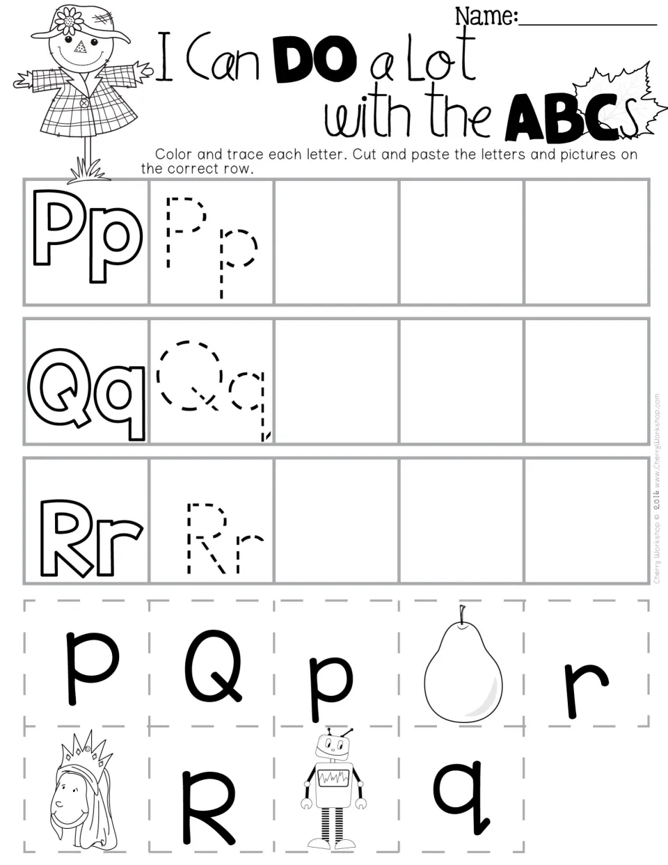 Letters P, Q and R: students color and trace, then glue cut-out upper and lowercase letters with pear, queen and robot