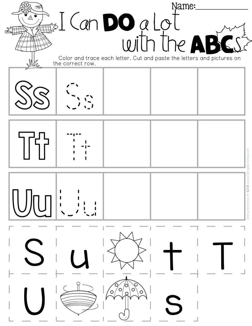 Letters S, T and U: students trace each pair and paste cut-out letters plus sun, top and umbrella on the right row