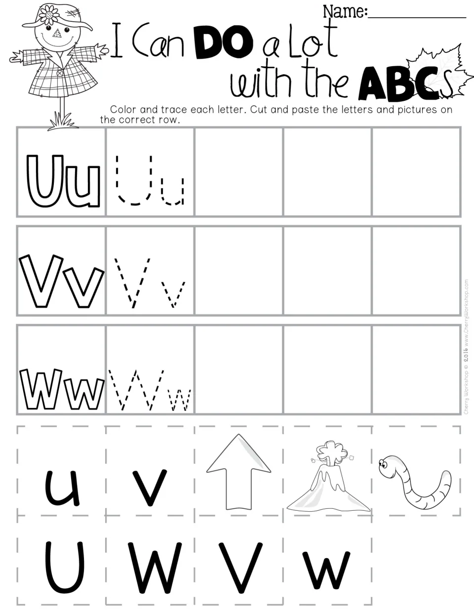 Letters U, V and W: students color and trace, then match cut-out letters with an up arrow, volcano and worm by row